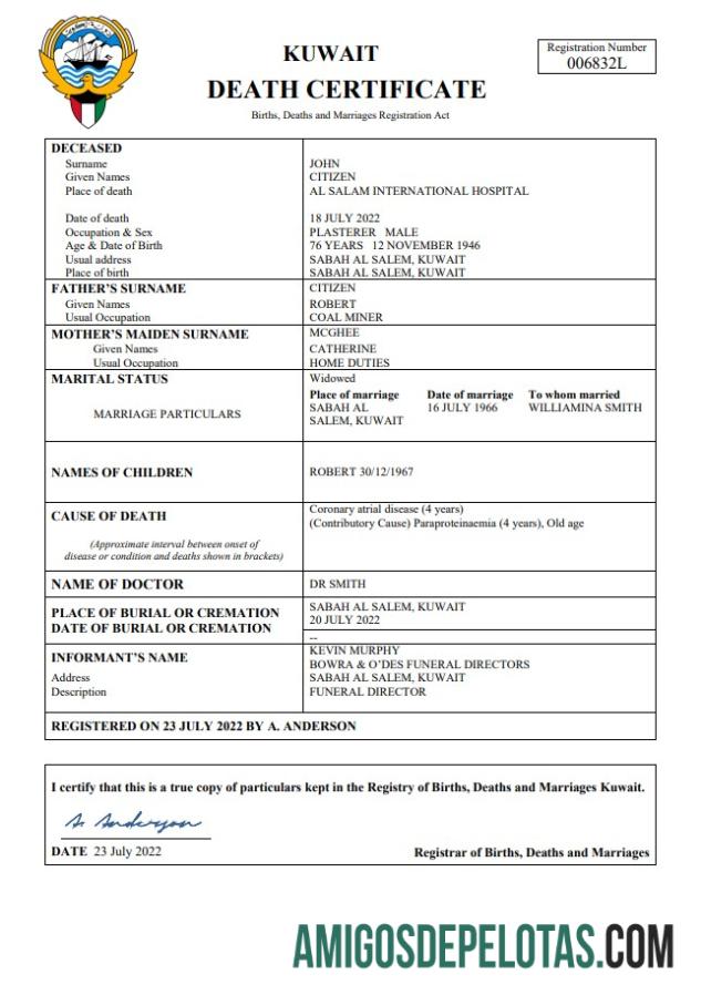 Realista modelo Word e PDF de certidão de óbito do Kuwait